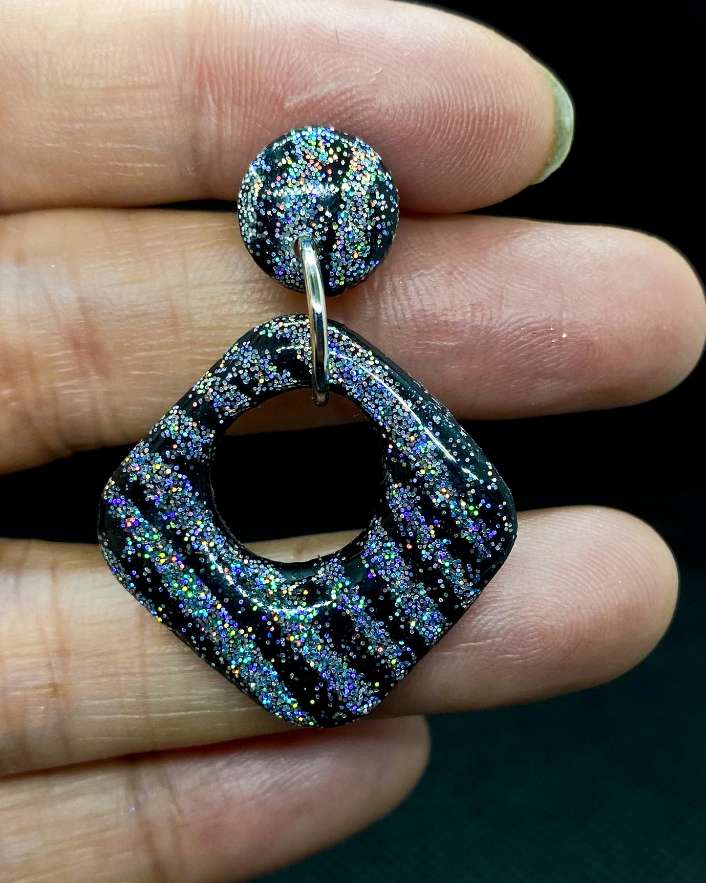 Black Holographic Glitter Striped Open Square Clay Earrings