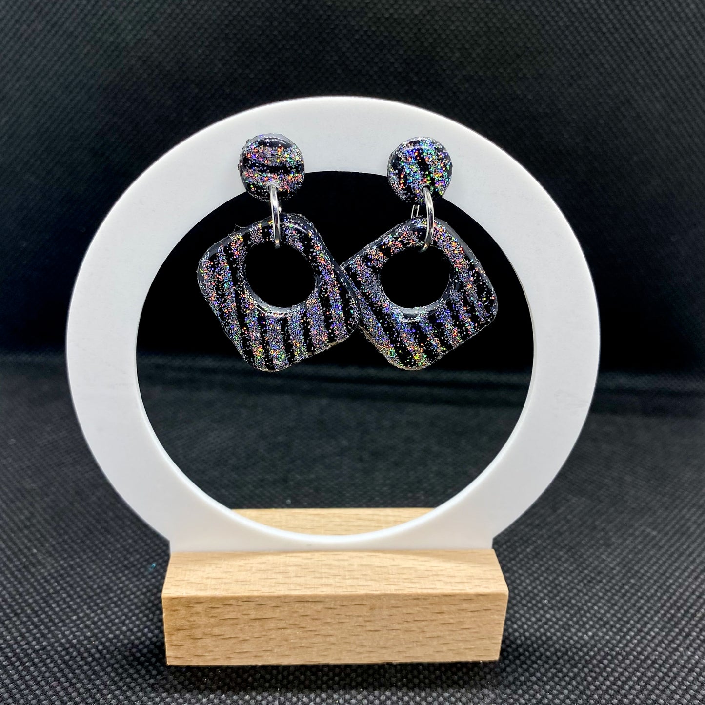 Black Holographic Glitter Striped Open Square Clay Earrings