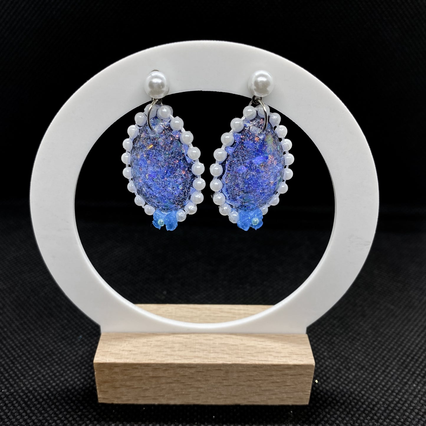 Galaxy Opal Resin Oval Earrings with Pearl & Bead Border