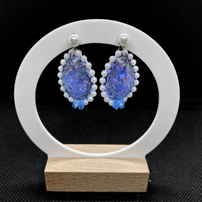 Galaxy Opal Resin Oval Earrings with Pearl & Bead Border - J & I Vision