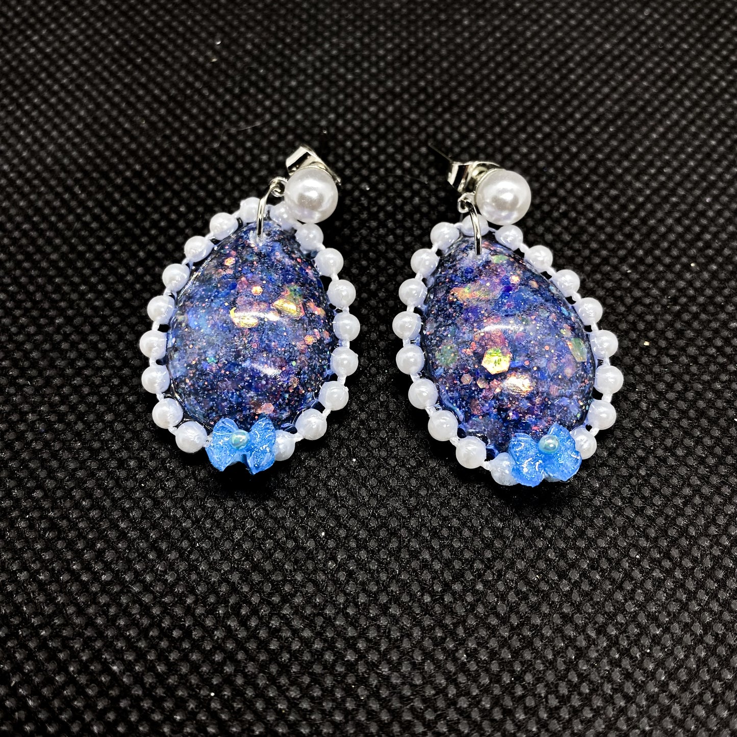 Galaxy Opal Resin Oval Earrings with Pearl & Bead Border