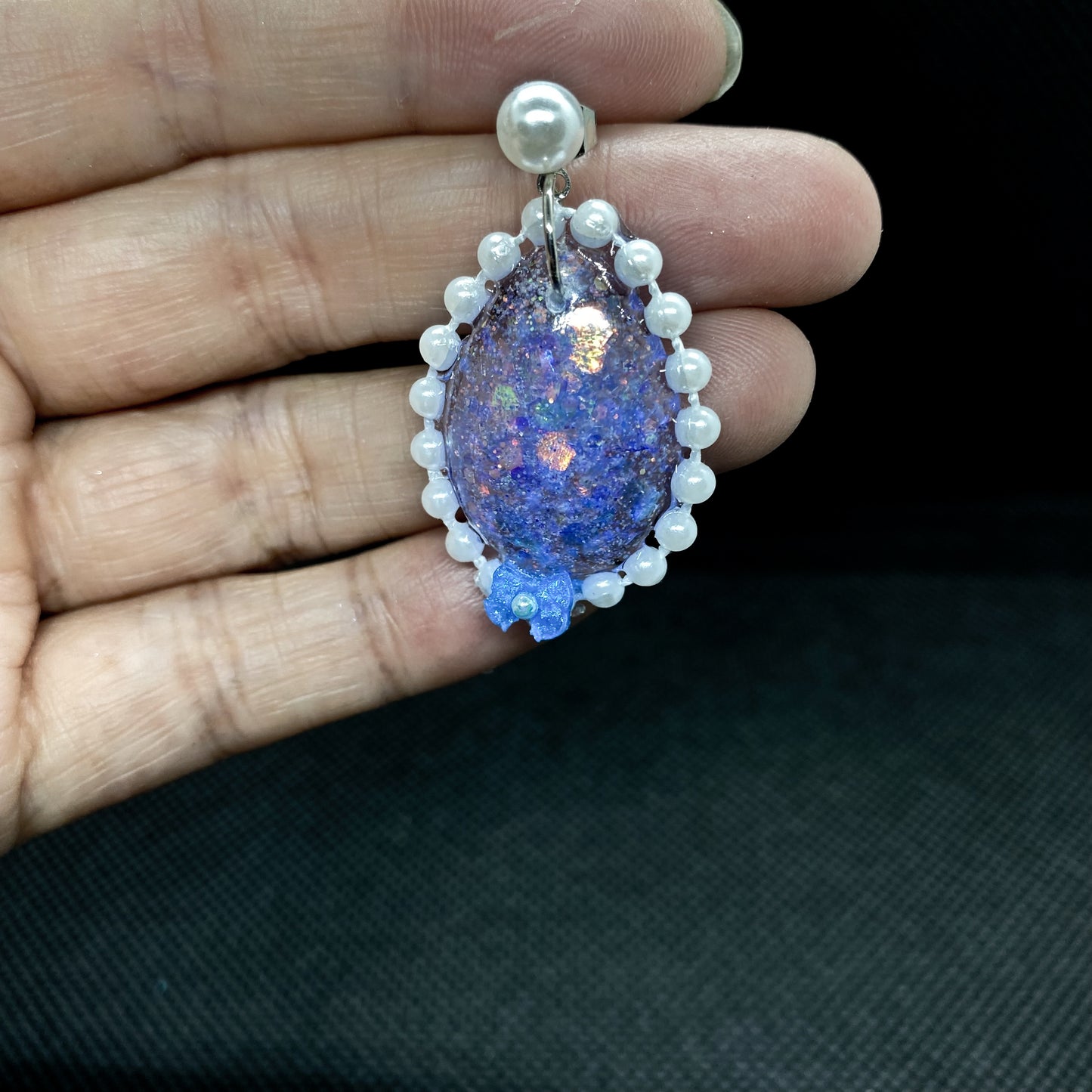 Galaxy Opal Resin Oval Earrings with Pearl & Bead Border