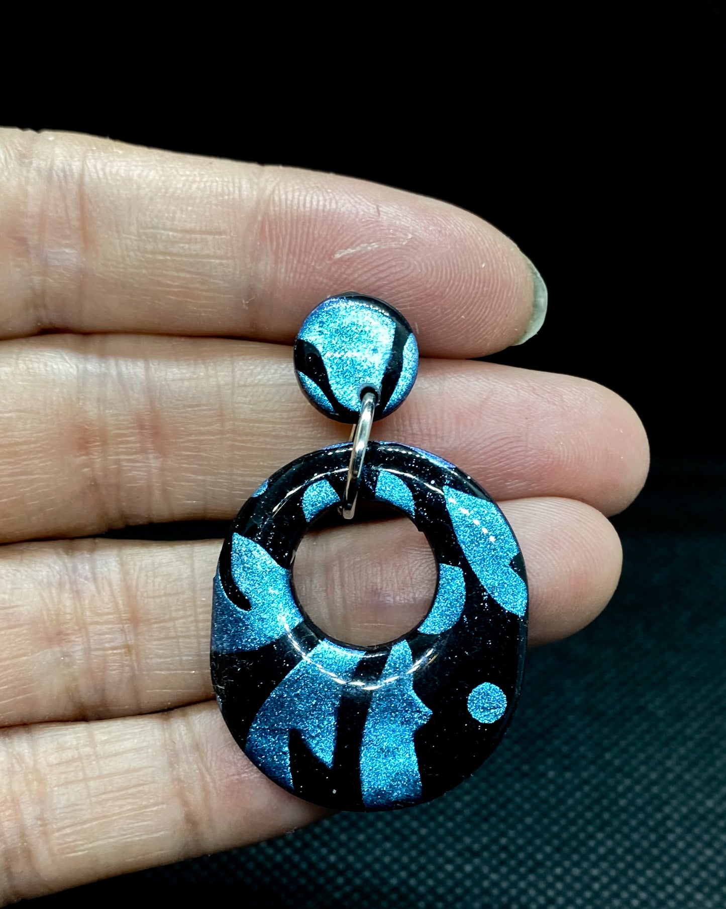 Black & Blue Glitter Mosaic Open Oval Polymer Clay Earrings