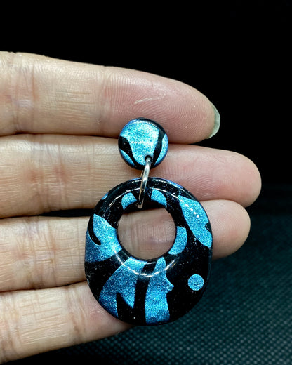 Black & Blue Glitter Mosaic Open Oval Polymer Clay Earrings - J & I Vision