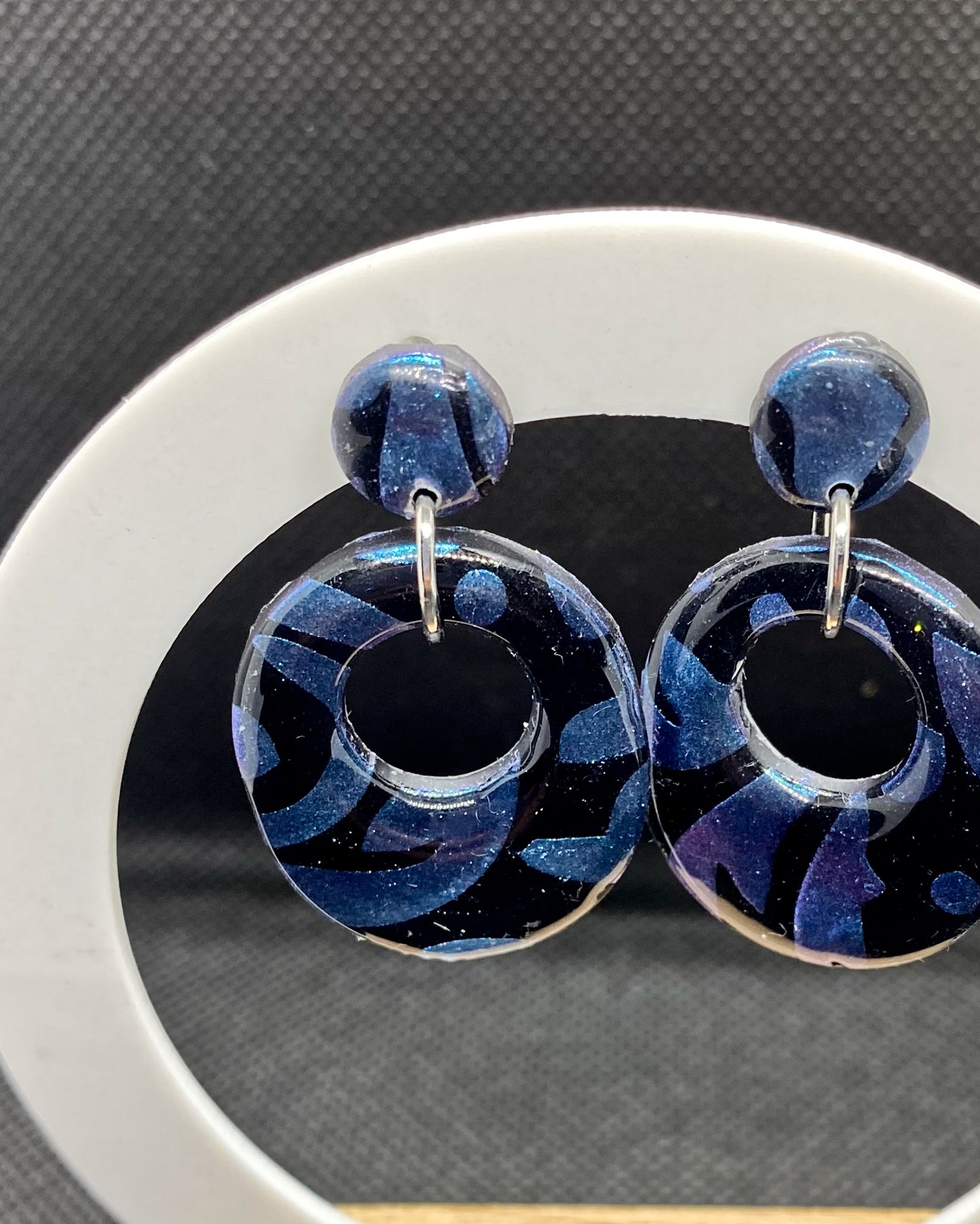 Black & Blue Glitter Mosaic Open Oval Polymer Clay Earrings