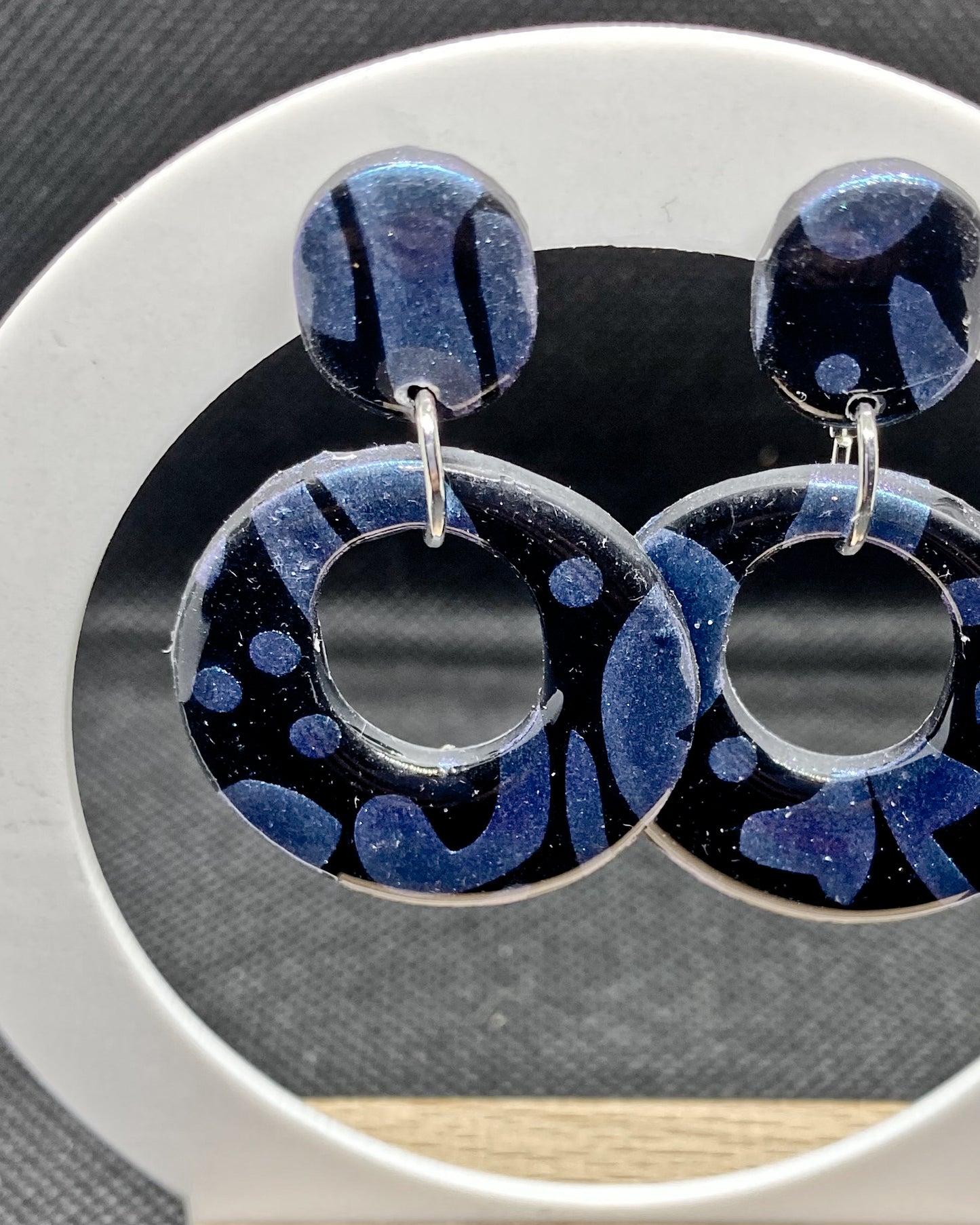 Black & Blue Abstract Open Circle Polymer Clay Earrings