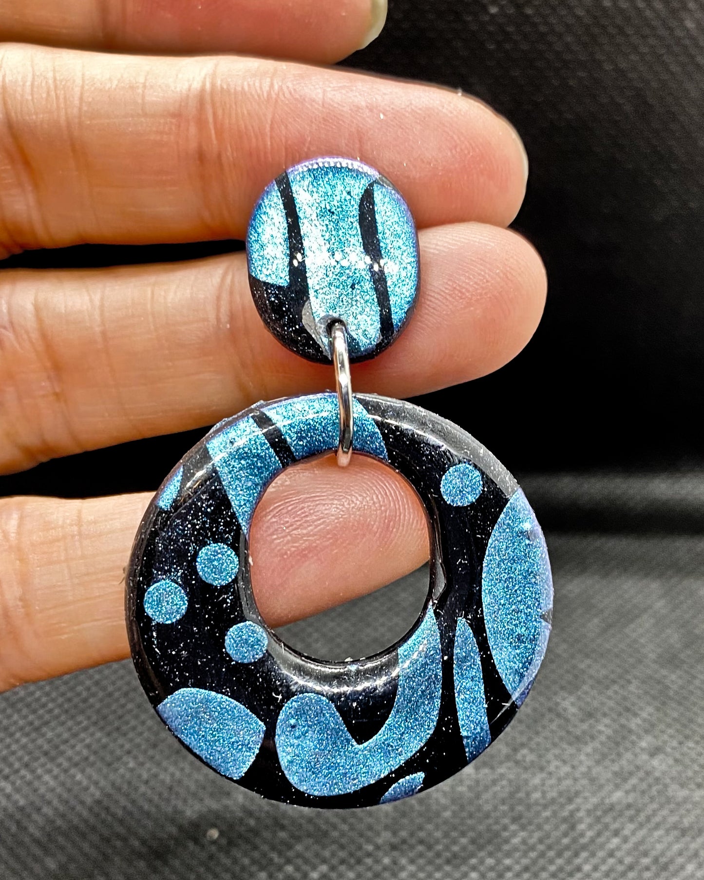 Black & Blue Abstract Open Circle Polymer Clay Earrings