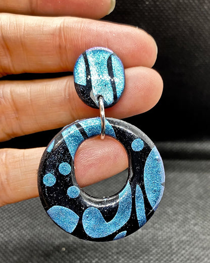 Black & Blue Abstract Open Circle Polymer Clay Earrings - J & I Vision
