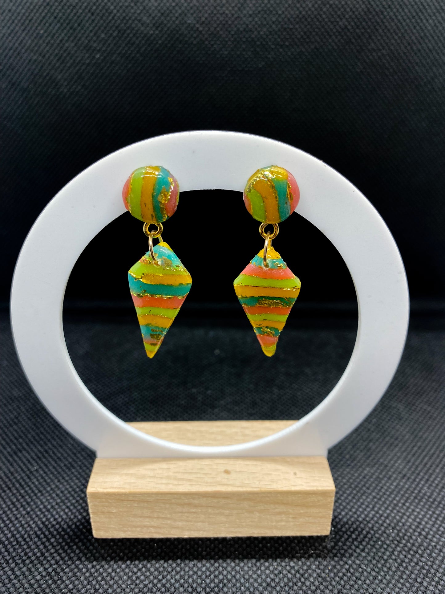 Rainbow Striped Cone Drop Polymer Clay Earrings