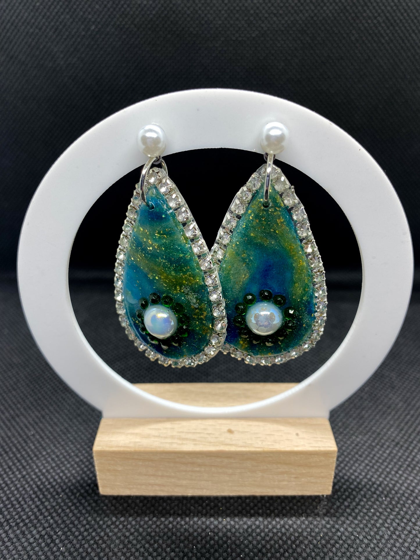 Teal Ocean Teardrop  Earrings with Pearl & Rhinestone