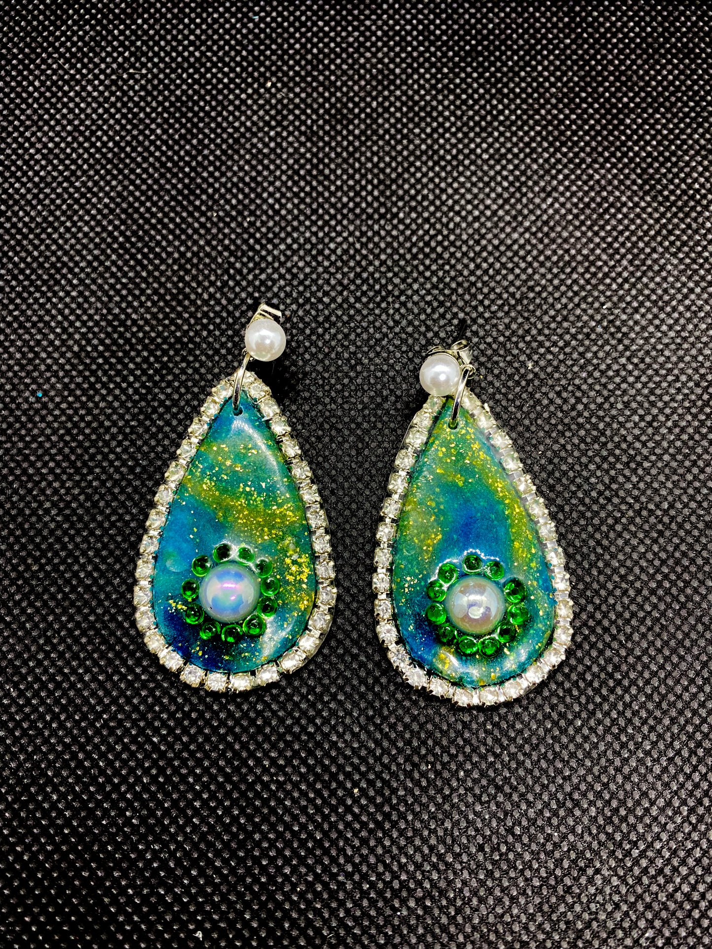 Teal Ocean Teardrop  Earrings with Pearl & Rhinestone