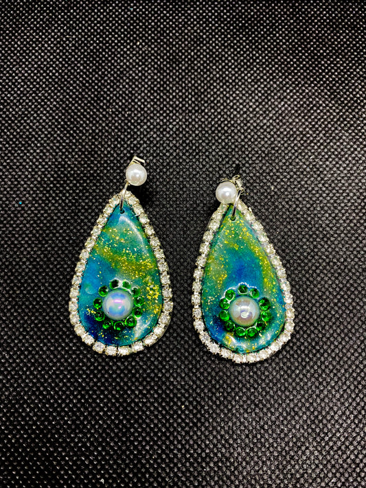 Teal Ocean Teardrop  Earrings with Pearl & Rhinestone