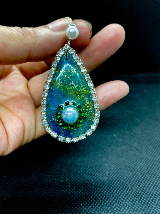 Teal Ocean Teardrop  Earrings with Pearl & Rhinestone