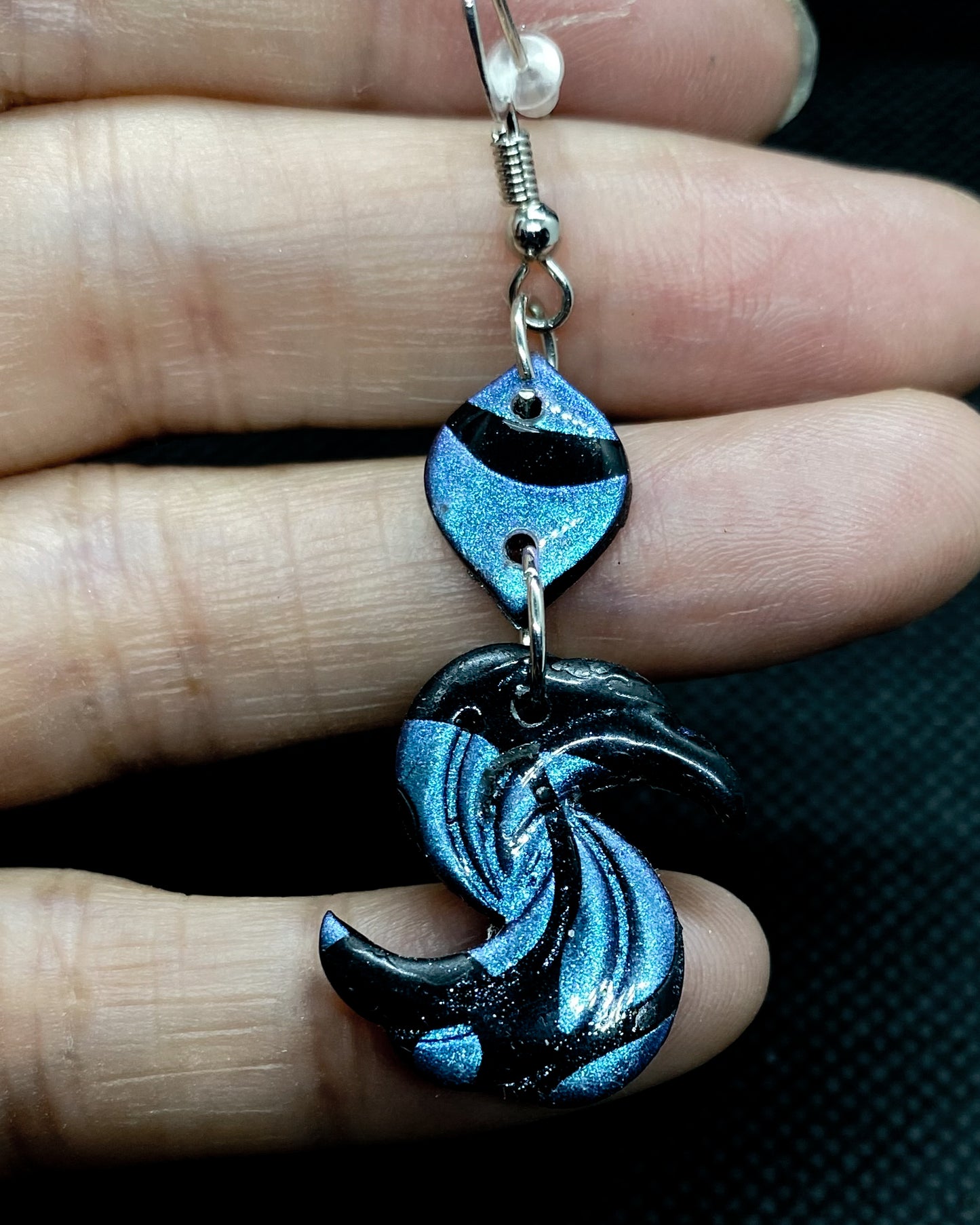 Blue & Black Swirl Crescent Moon Drop Polymer Earrings