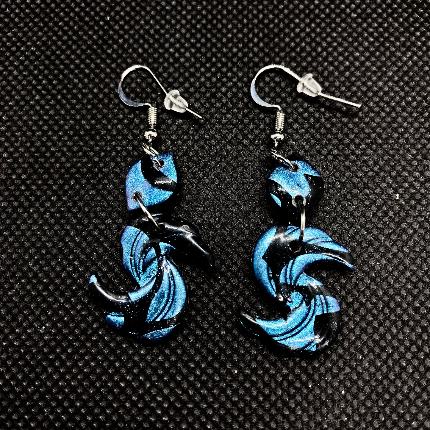 Blue & Black Swirl Crescent Moon Drop Polymer Earrings