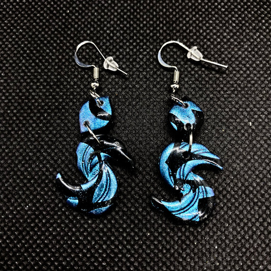 Blue & Black Swirl Crescent Moon Drop Polymer Earrings