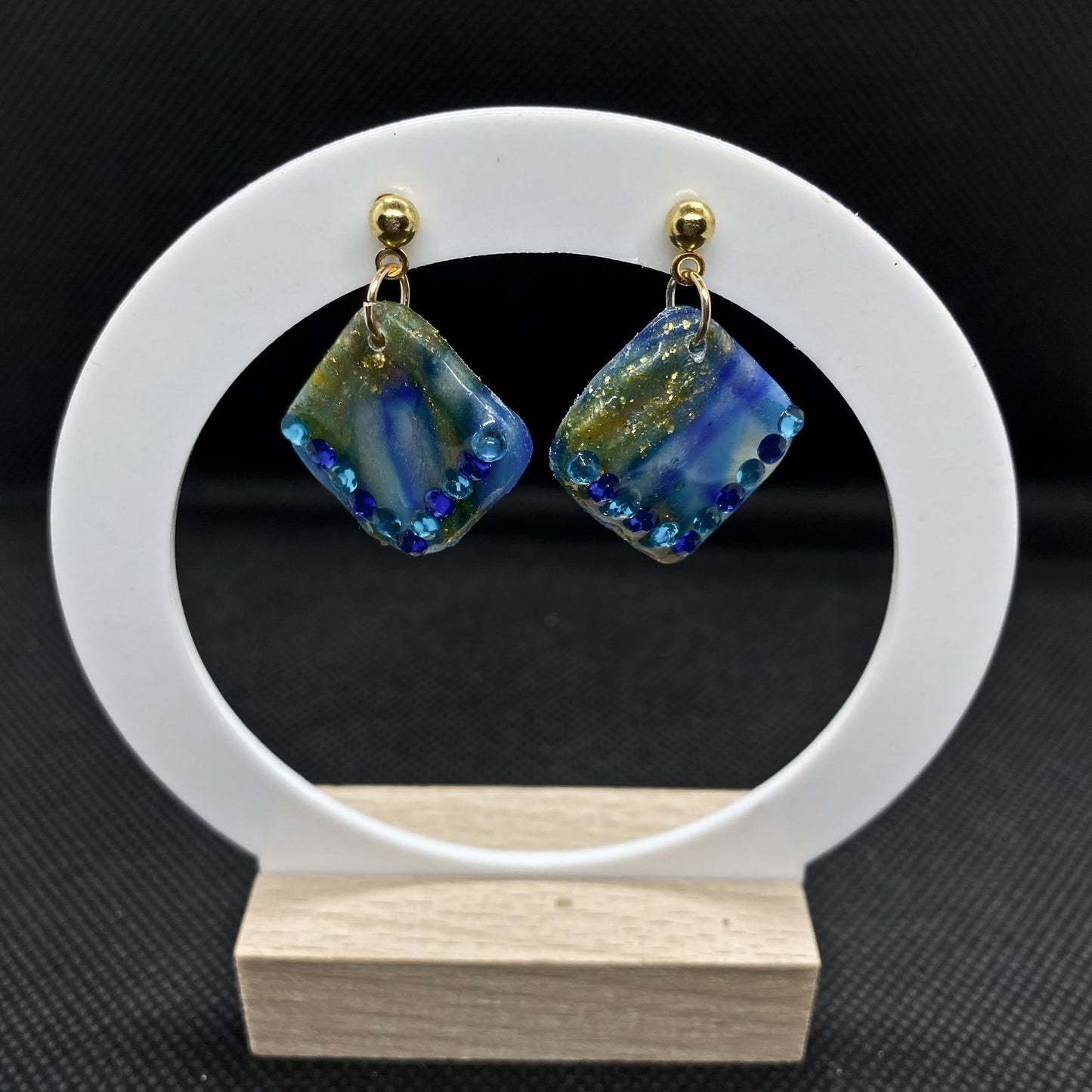 Blue & Gold Marbled Diamond Polymer Clay Earrings with Gem Detail