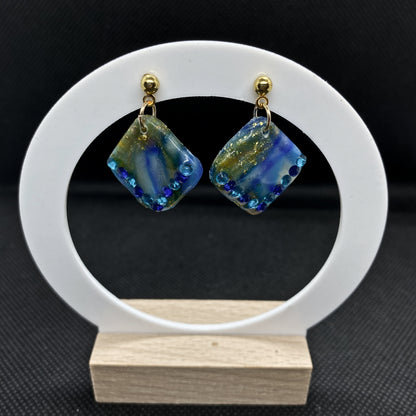 Blue & Gold Marbled Diamond Polymer Clay Earrings with Gem Detail - J & I Vision