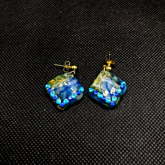 Blue & Gold Marbled Diamond Polymer Clay Earrings with Gem Detail