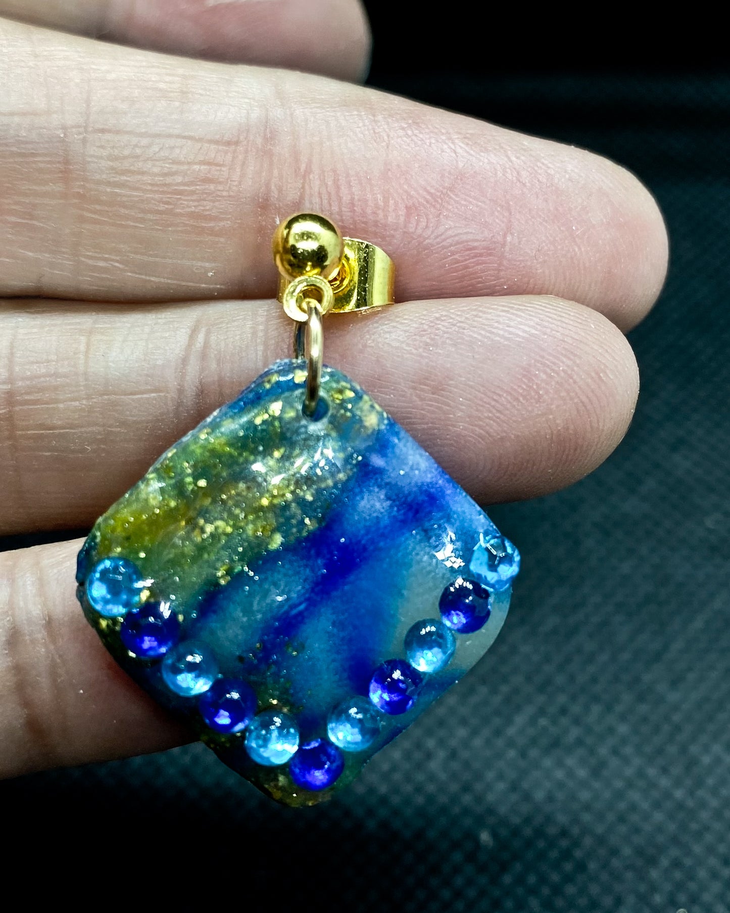 Blue & Gold Marbled Diamond Polymer Clay Earrings with Gem Detail
