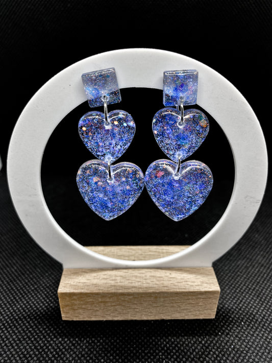 Blue Purple Glitter Double Heart Resin Earrings