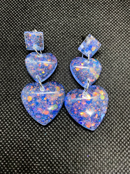 Blue Purple Glitter Double Heart Resin Earrings - J & I Vision