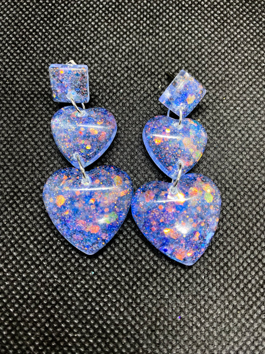 Blue Purple Glitter Double Heart Resin Earrings