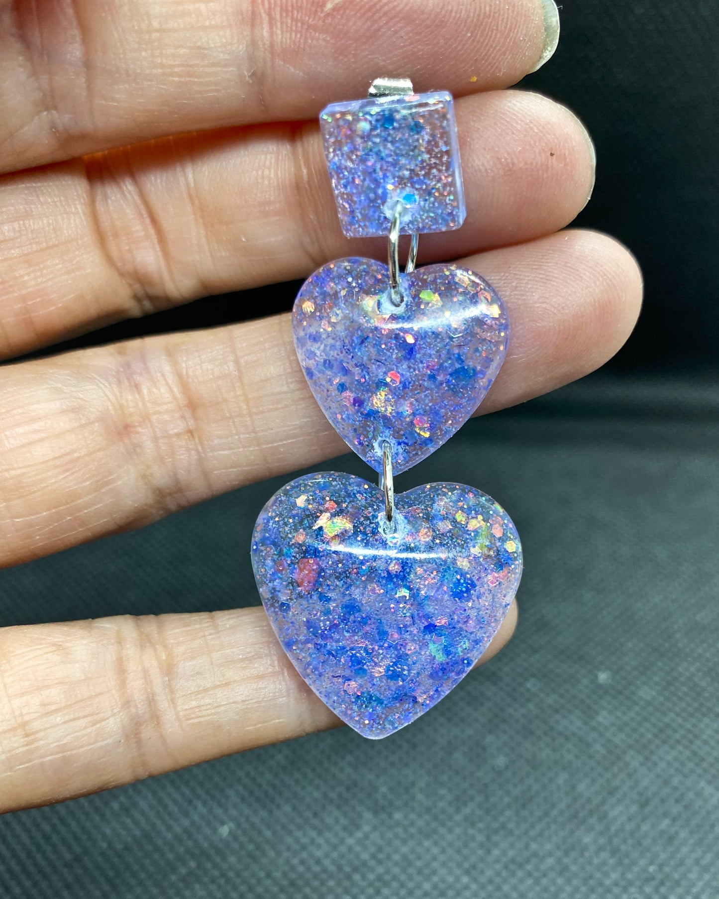 Blue Purple Glitter Double Heart Resin Earrings