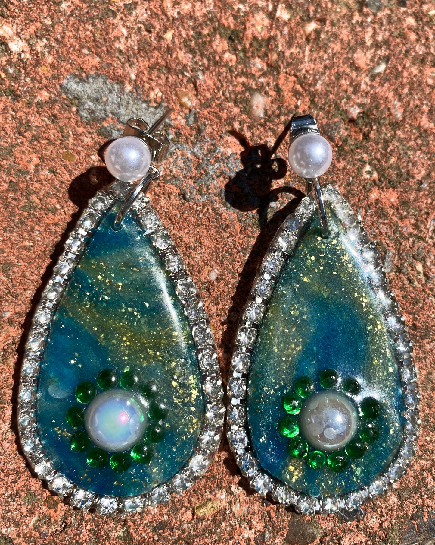 Teal Ocean Teardrop  Earrings with Pearl & Rhinestone