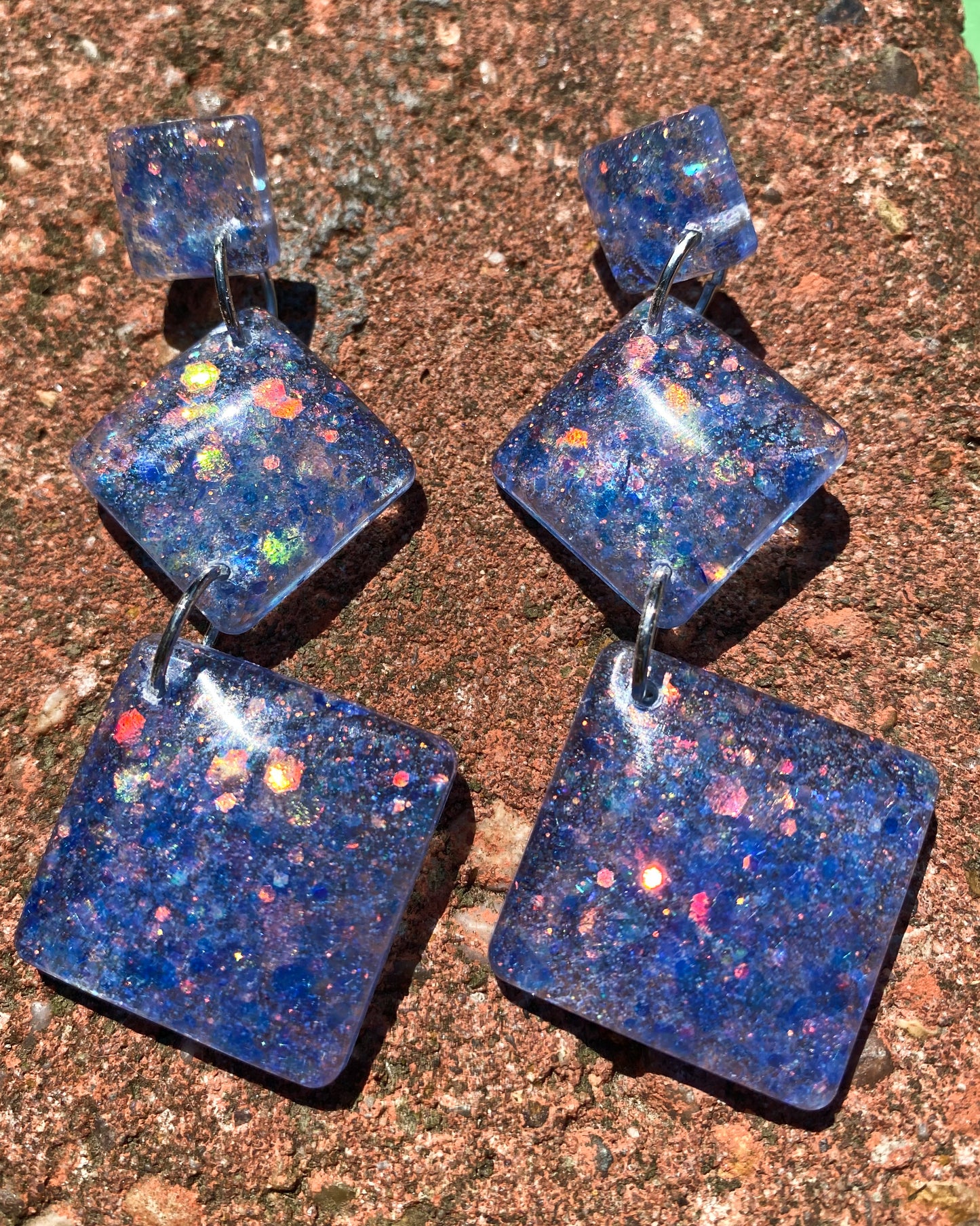 Blue Galaxy Glitter Triple Diamond Resin Earrings