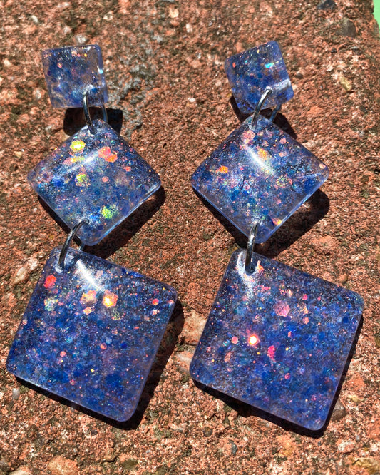 Blue Galaxy Glitter Triple Diamond Resin Earrings