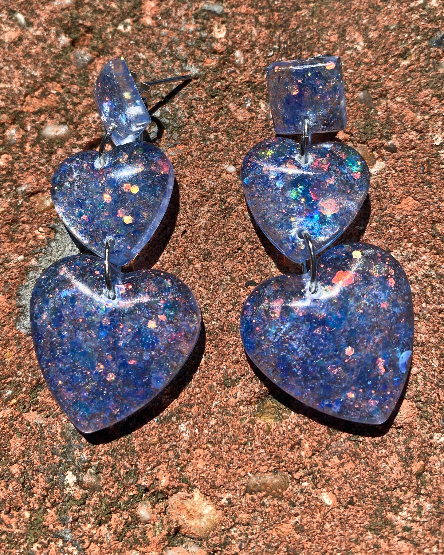 Blue Purple Glitter Double Heart Resin Earrings