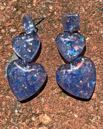 Blue Purple Glitter Double Heart Resin Earrings - J & I Vision
