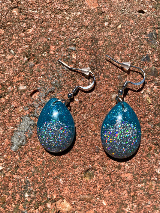 Teal Holographic Glitter Teardrop Resin Earrings