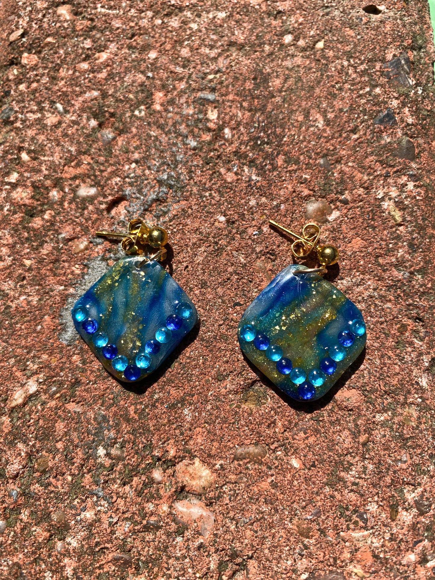 Blue & Gold Marbled Diamond Polymer Clay Earrings with Gem Detail