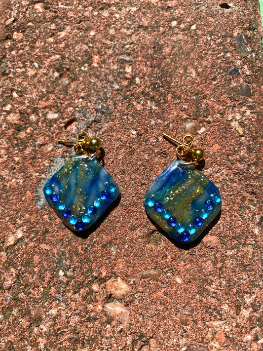 Blue & Gold Marbled Diamond Polymer Clay Earrings with Gem Detail