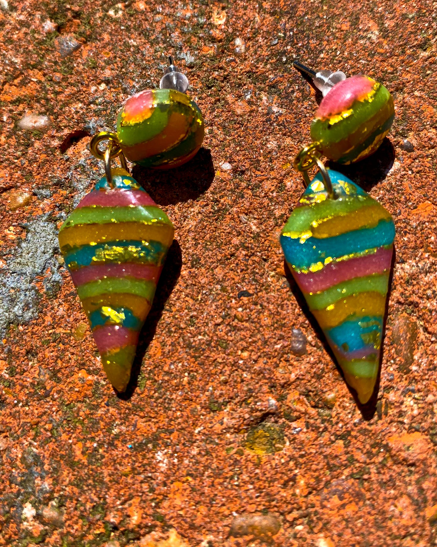 Rainbow Striped Cone Drop Polymer Clay Earrings