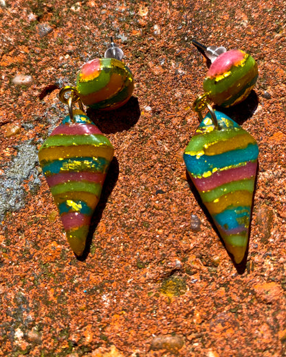 Rainbow Striped Cone Drop Polymer Clay Earrings - J & I Vision