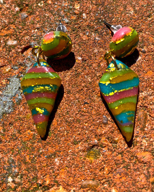 Rainbow Striped Cone Drop Polymer Clay Earrings