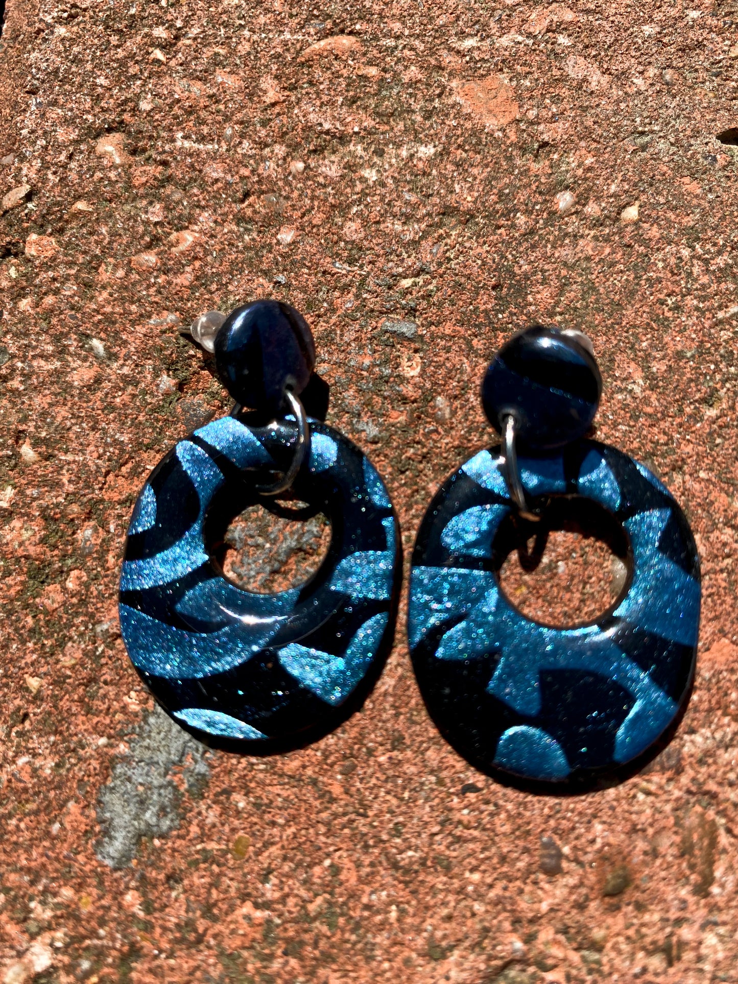 Black & Blue Glitter Mosaic Open Oval Polymer Clay Earrings