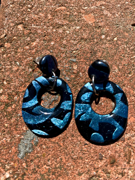 Black & Blue Glitter Mosaic Open Oval Polymer Clay Earrings