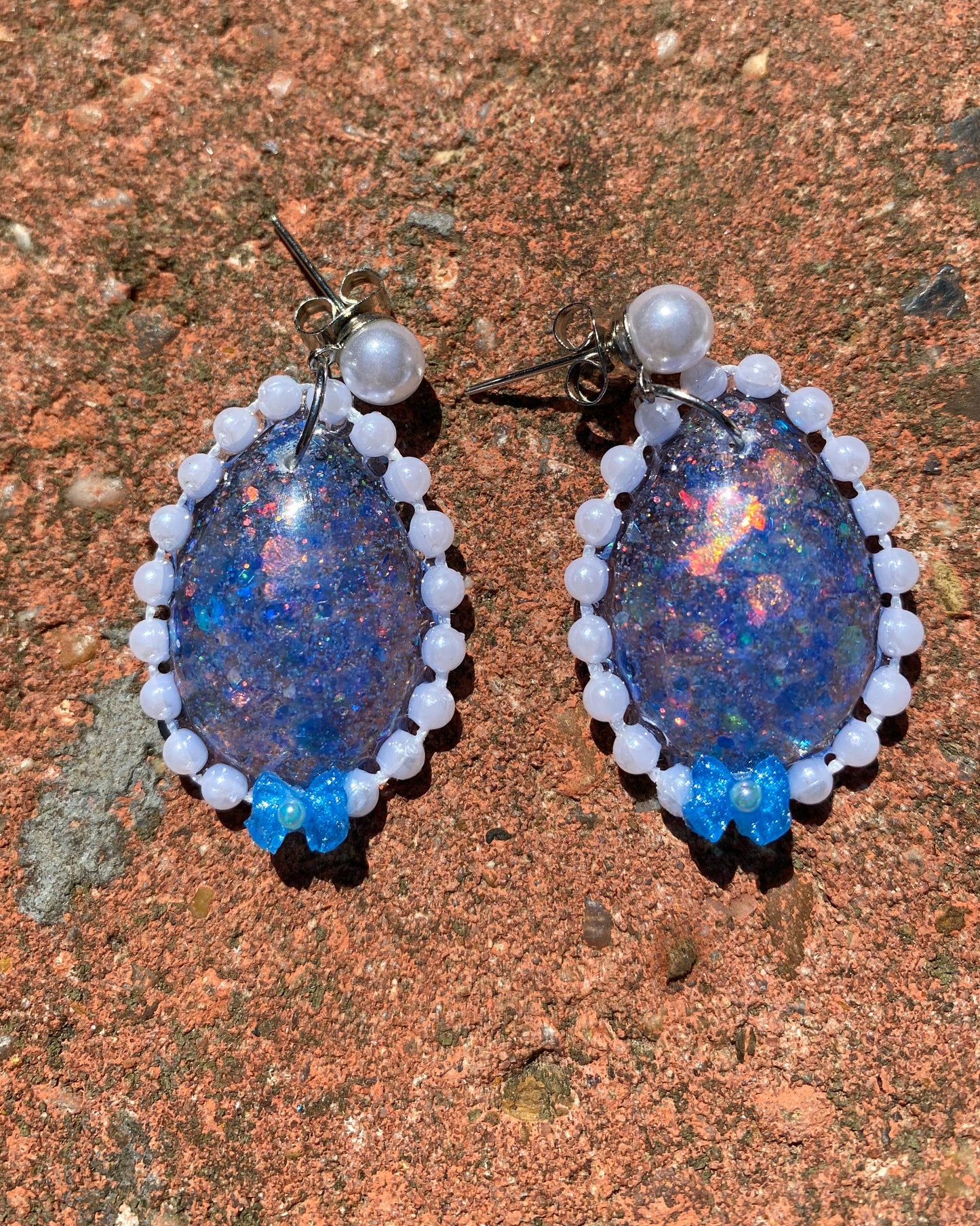 Galaxy Opal Resin Oval Earrings with Pearl & Bead Border