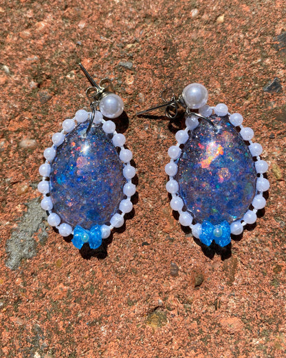 Galaxy Opal Resin Oval Earrings with Pearl & Bead Border - J & I Vision