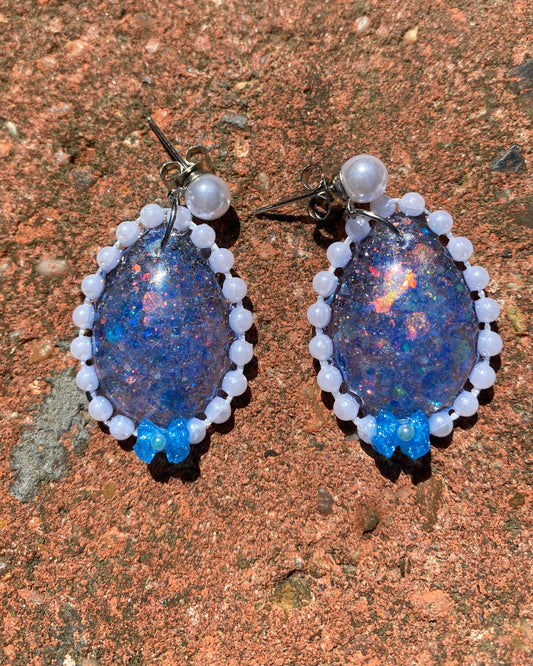 Galaxy Opal Resin Oval Earrings with Pearl & Bead Border