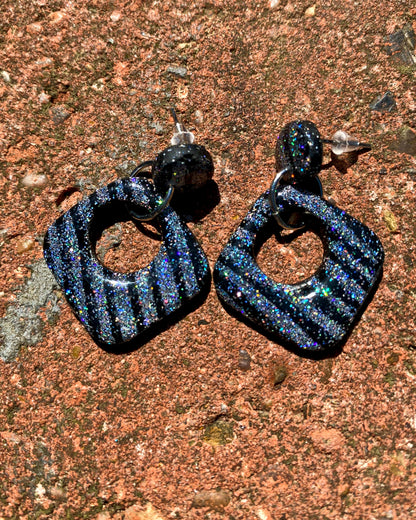 Black Holographic Glitter Striped Open Square Clay Earrings - J & I Vision