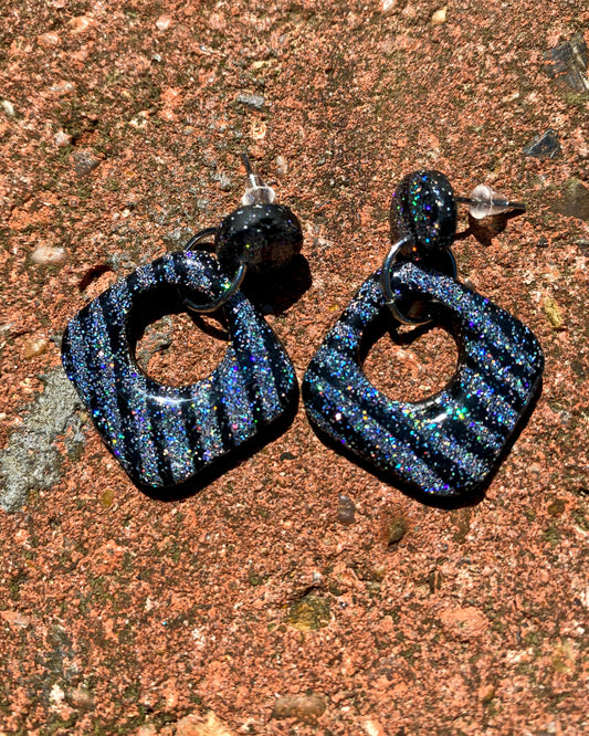 Black Holographic Glitter Striped Open Square Clay Earrings