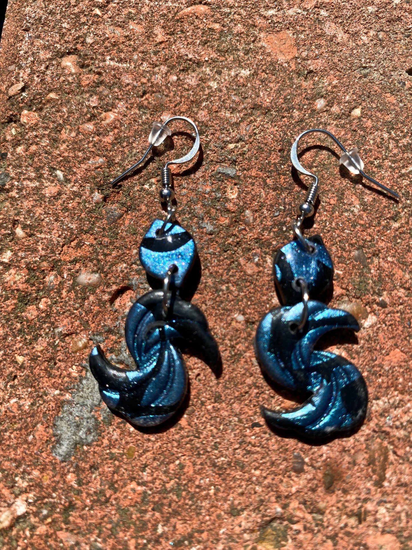 Blue & Black Swirl Crescent Moon Drop Polymer Earrings