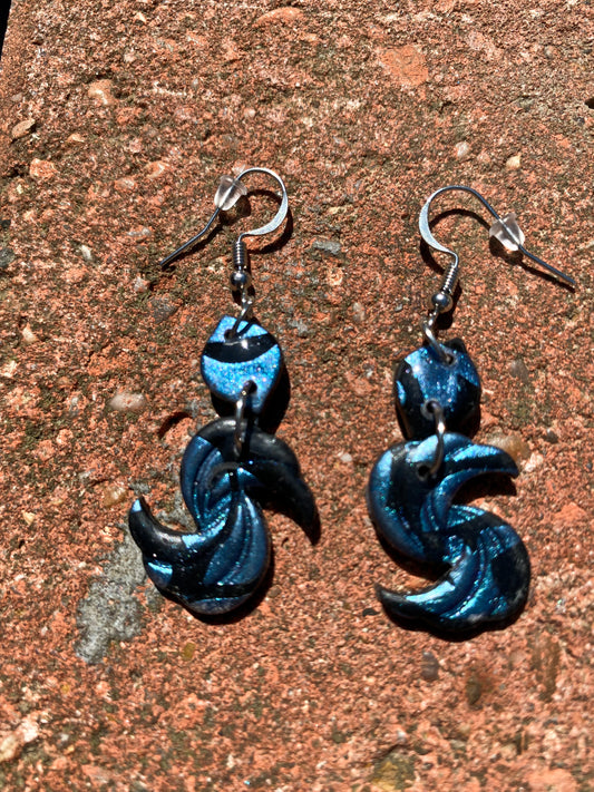 Blue & Black Swirl Crescent Moon Drop Polymer Earrings