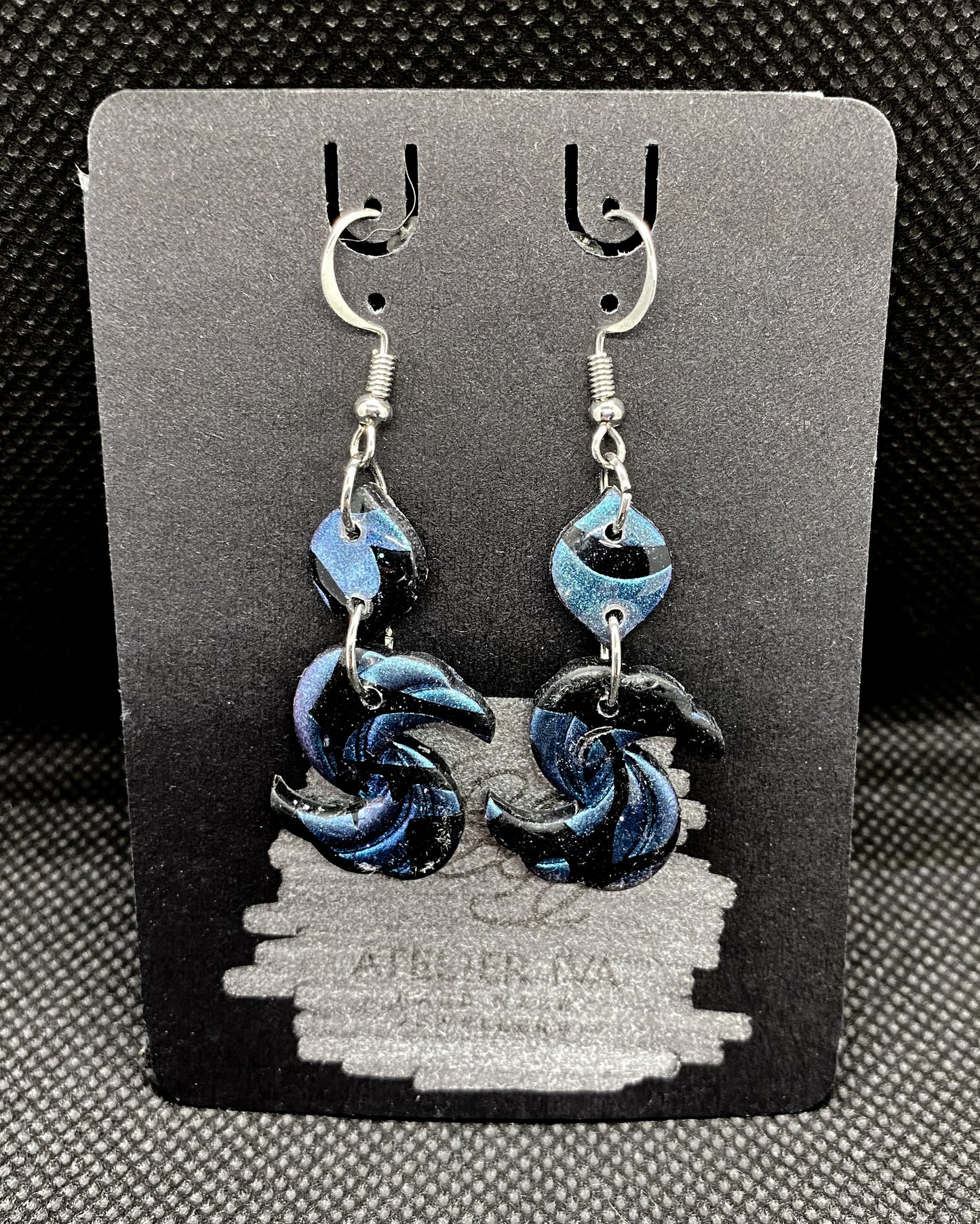 Blue & Black Swirl Crescent Moon Drop Polymer Earrings