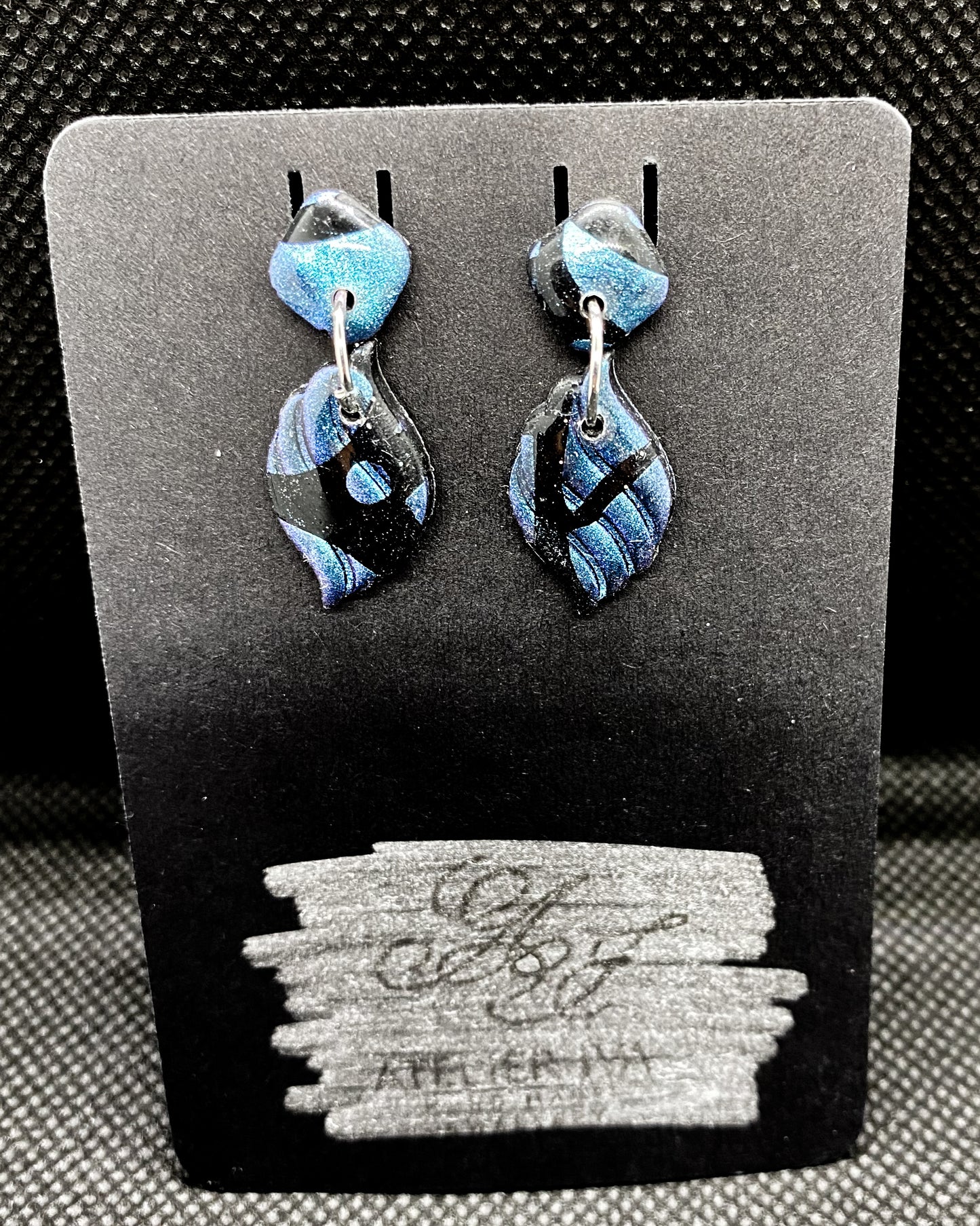 Black & Blue Glitter Wave Leaf Drop Clay Earrings